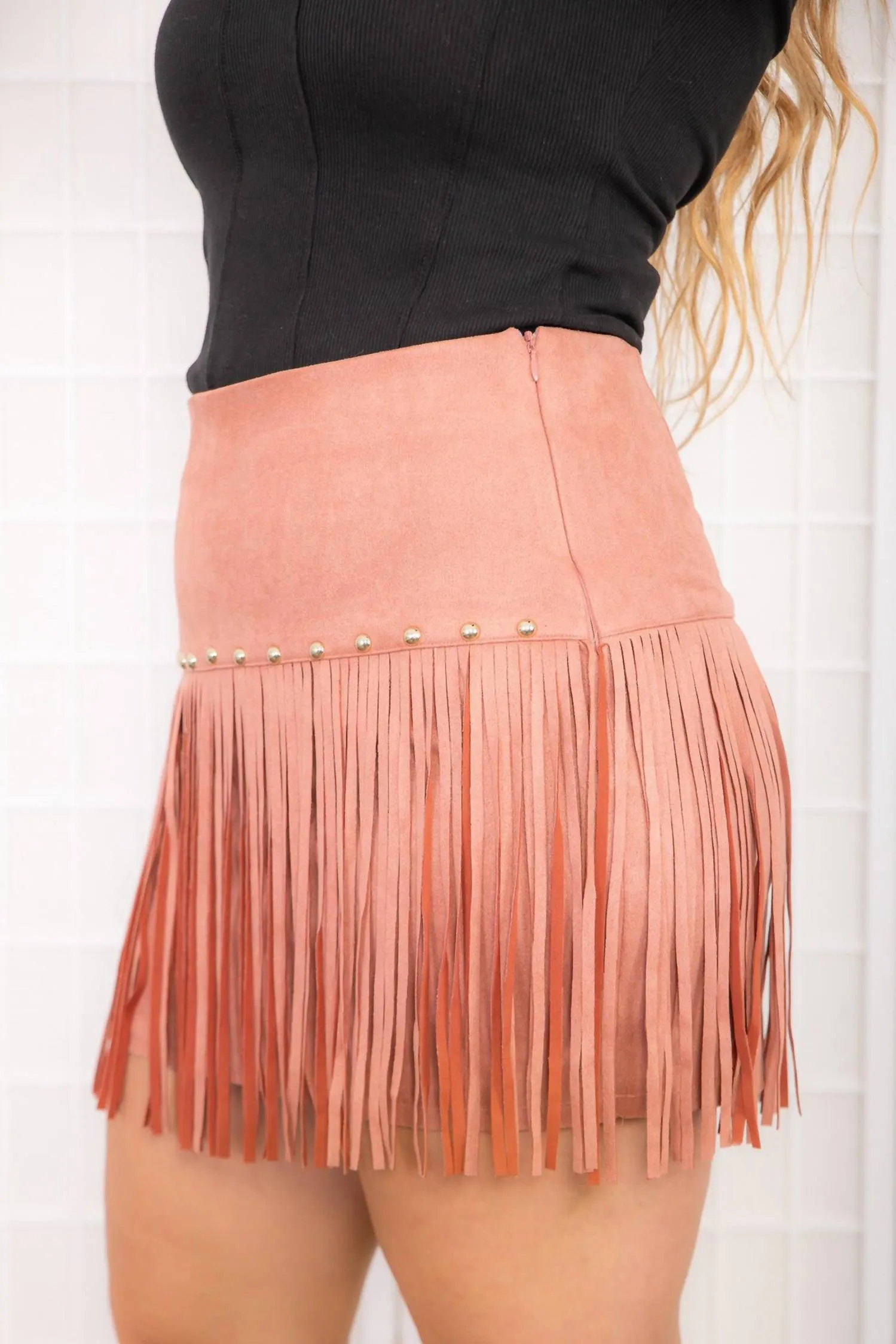 Rhinestone Suede Fringe Skirt In Peach