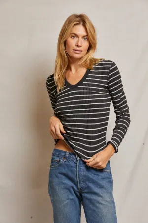 Robyn U-Neck Rib Long Sleeve Tee in Black/Sugar Stripe