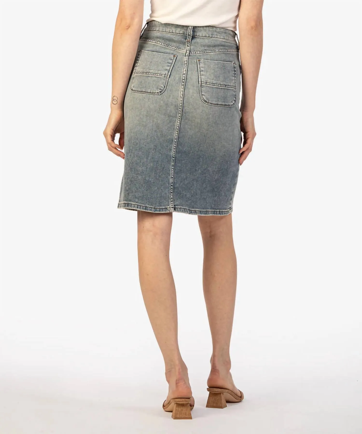 Rose Button Front Denim Skirt In 89% Cotton, 10% Polyester, 1% Spandex