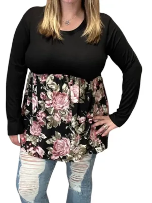 Rose Floral Babydoll Top In Black