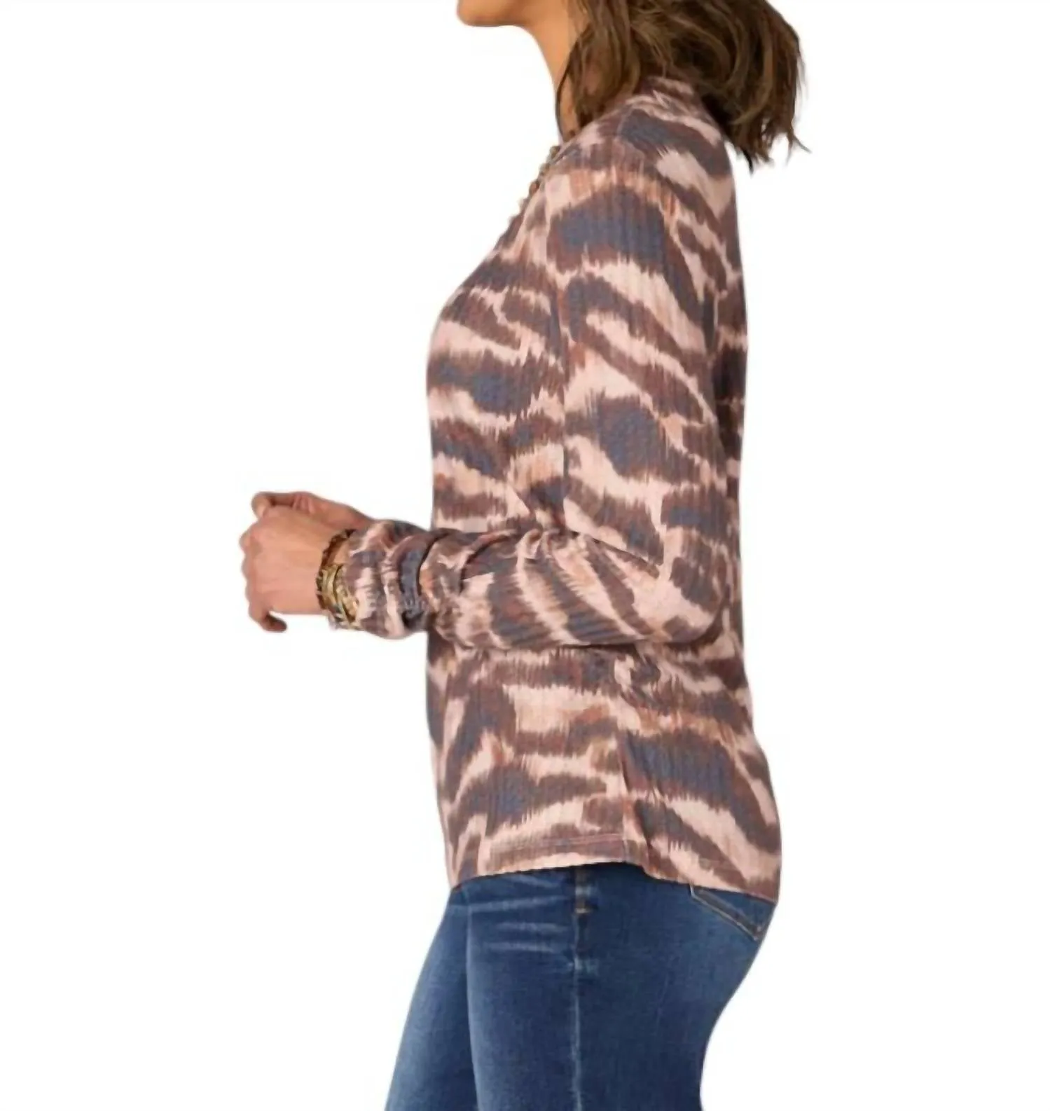 Ruched Side Knit Top In Brown Multi