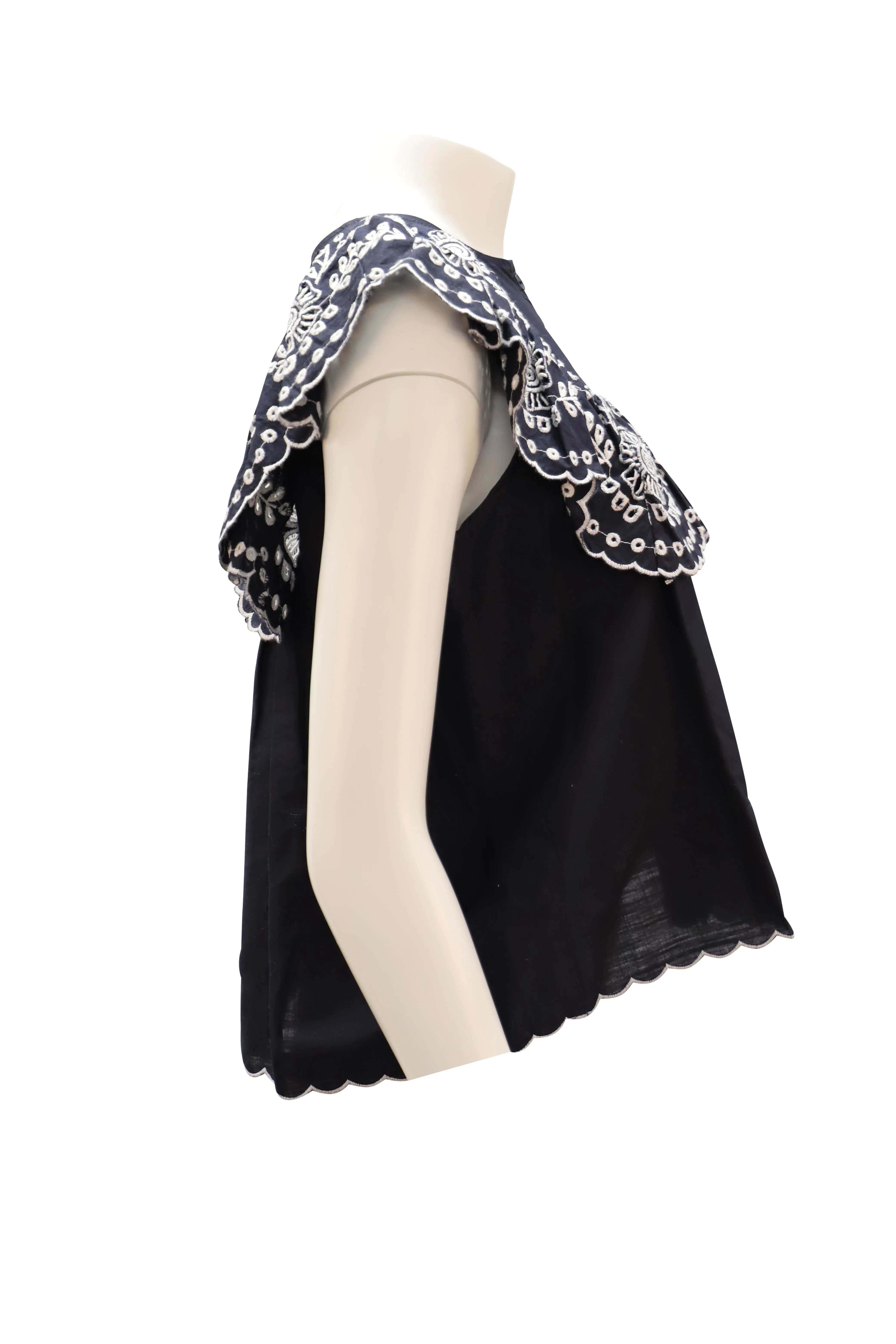 Sea New York Ruffled Broderie Anglaise Blouse in Navy Blue Cotton