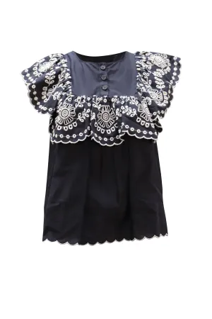 Sea New York Ruffled Broderie Anglaise Blouse in Navy Blue Cotton