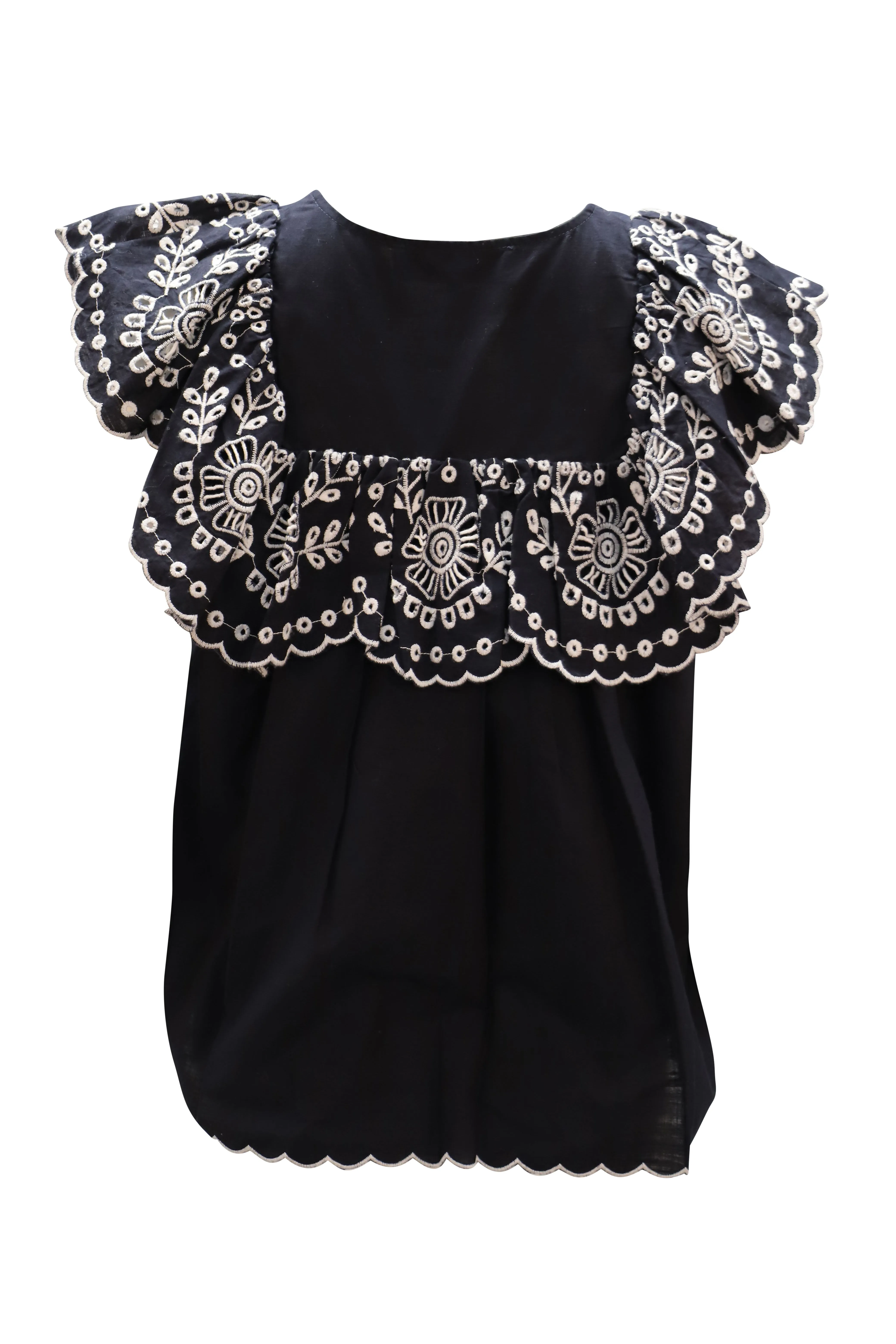 Sea New York Ruffled Broderie Anglaise Blouse in Navy Blue Cotton