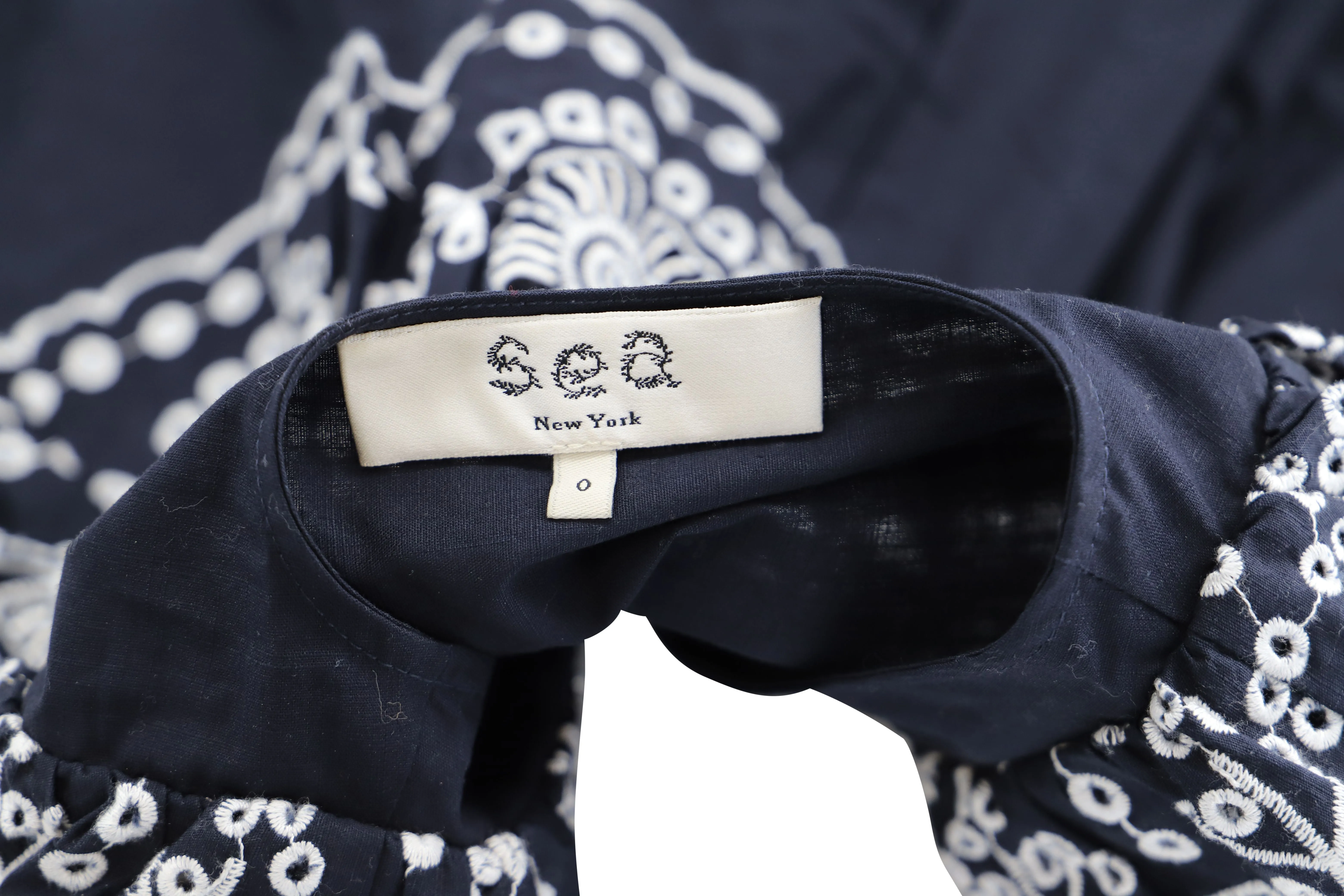 Sea New York Ruffled Broderie Anglaise Blouse in Navy Blue Cotton