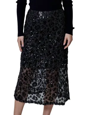 Sequin Leopard Midi Skirt In Black
