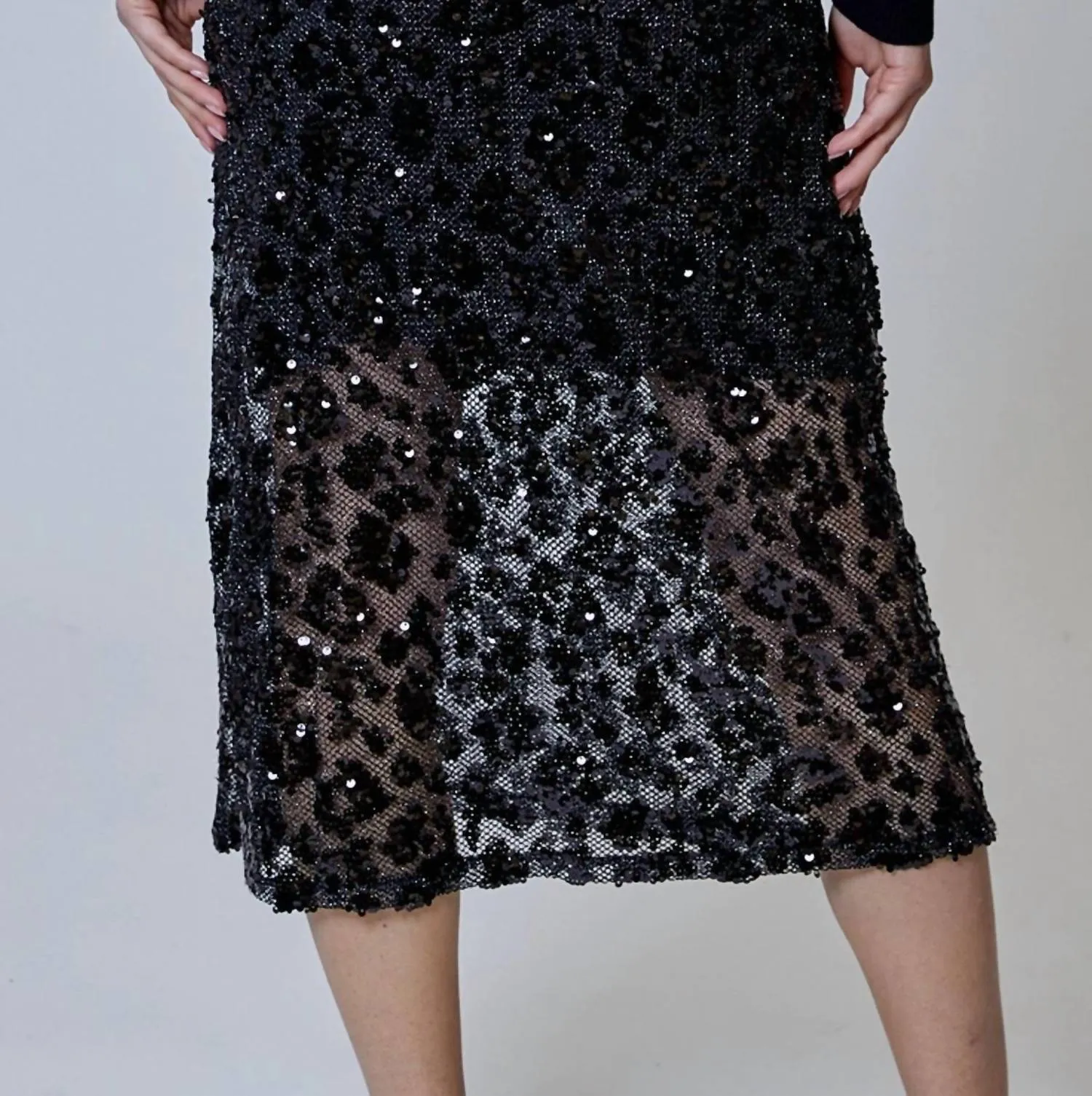 Sequin Leopard Midi Skirt In Black