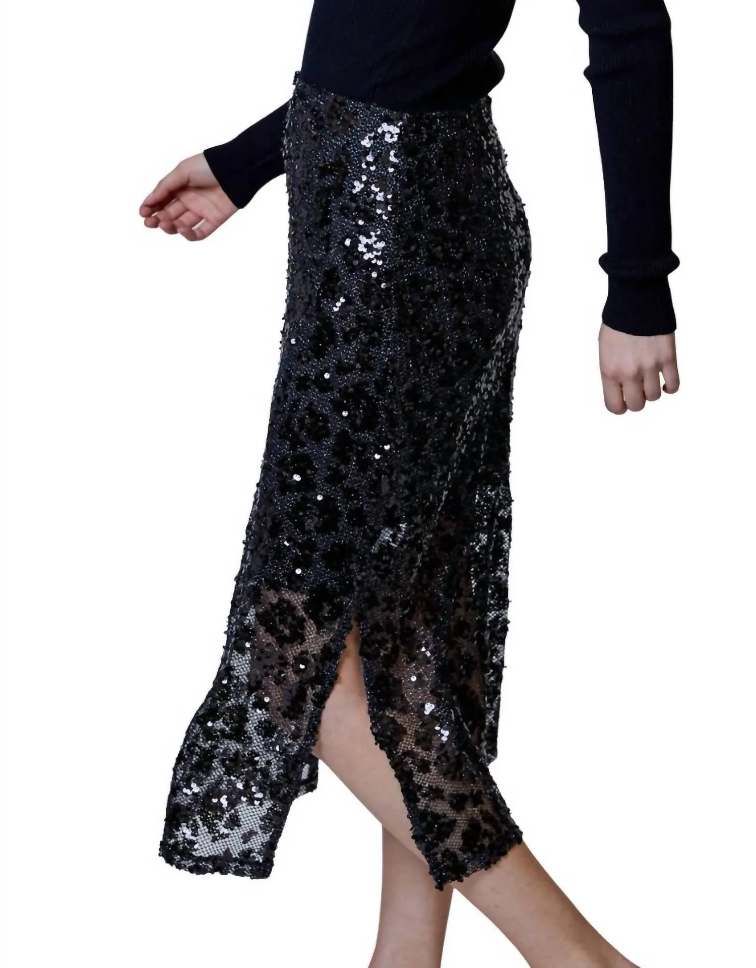Sequin Leopard Midi Skirt In Black