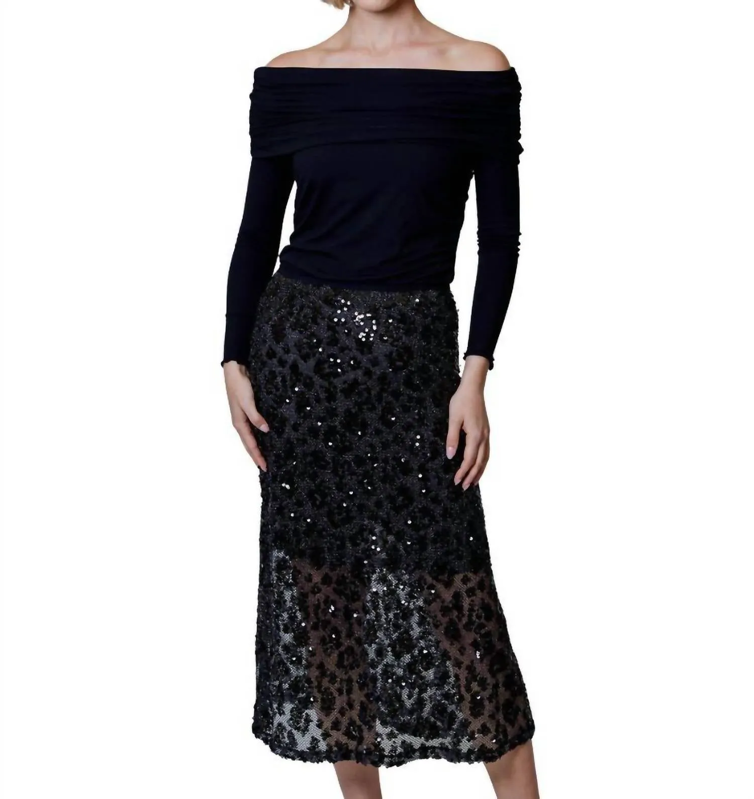 Sequin Leopard Midi Skirt In Black