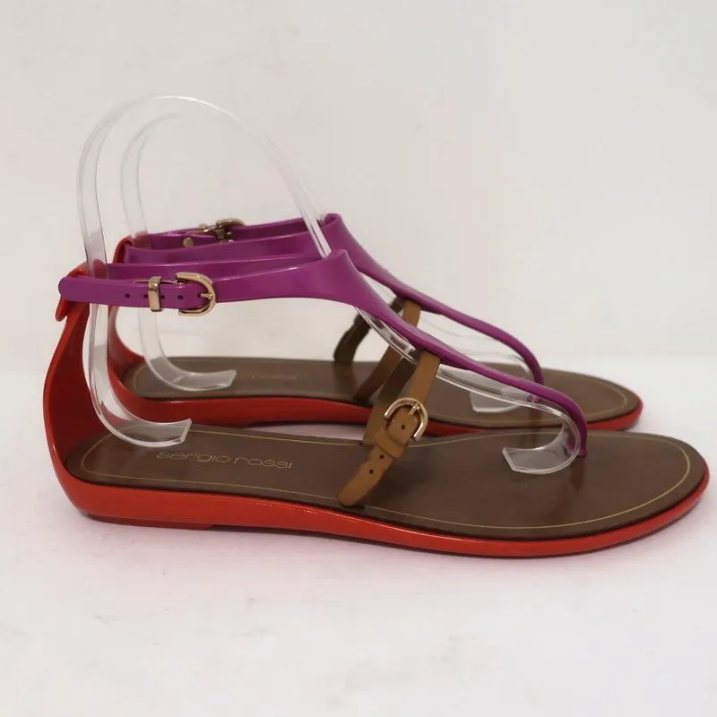 Sergio Rossi Jelly Sandals Cleo Purple/Red/Brown Colorblock Size 36 T-Strap Flat