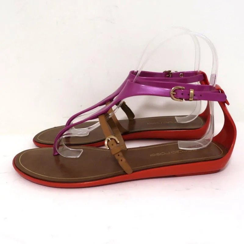 Sergio Rossi Jelly Sandals Cleo Purple/Red/Brown Colorblock Size 36 T-Strap Flat