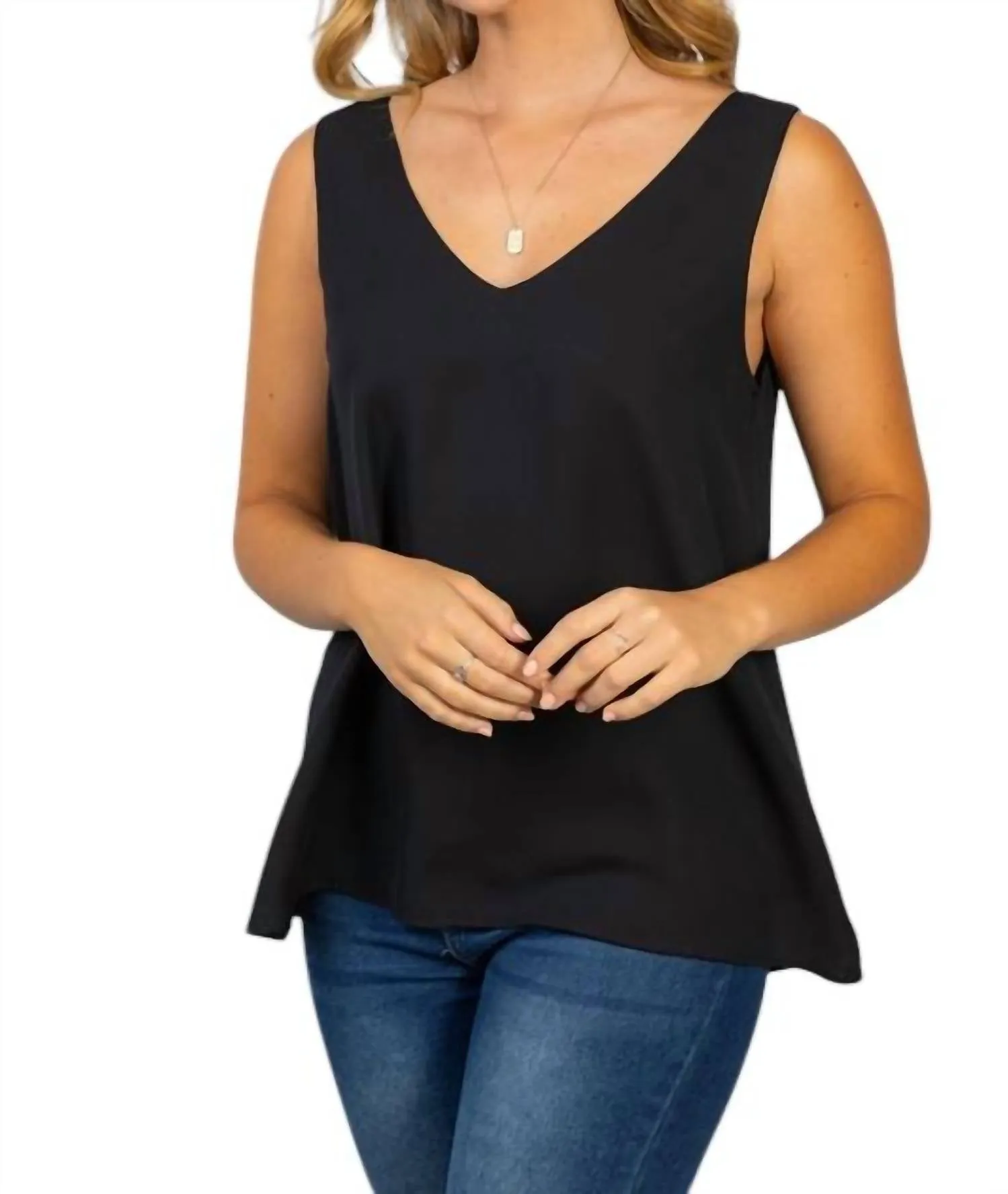 Sleeveless Solid Woven Tank Top In Black