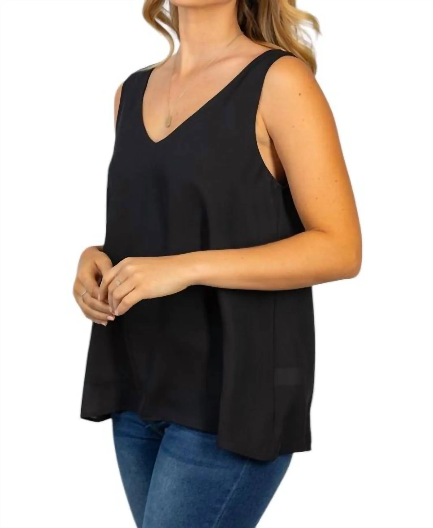 Sleeveless Solid Woven Tank Top In Black