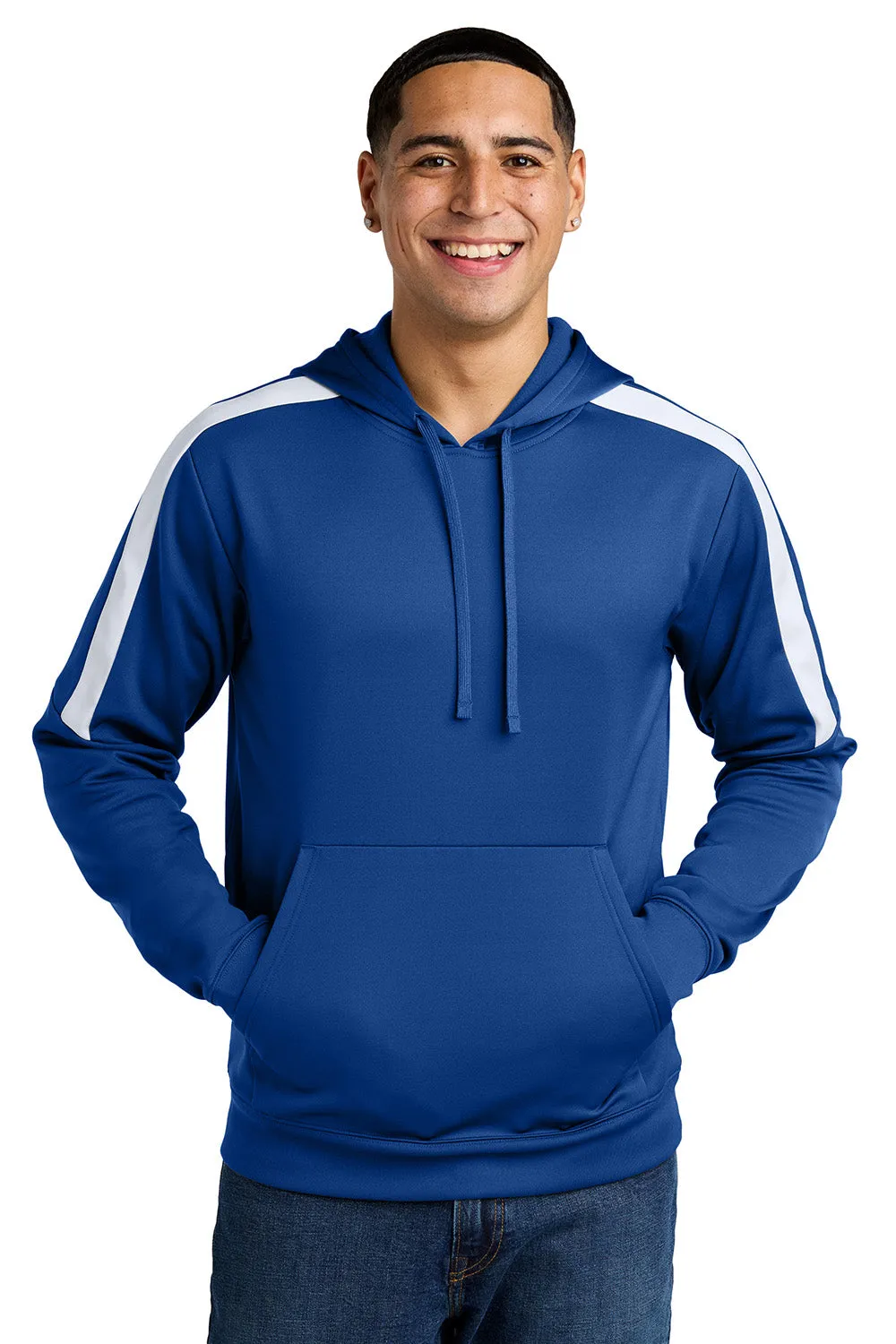 Sport-Tek Mens Sport-Wick Moisture Wicking United Fleece Hooded Sweatshirt Hoodie w/ Pouch Pocket - True Royal Blue/White