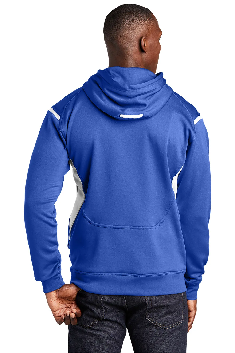 Sport-Tek Mens Tech Moisture Wicking Fleece Hooded Sweatshirt Hoodie w/ Pouch Pocket - True Royal Blue/White