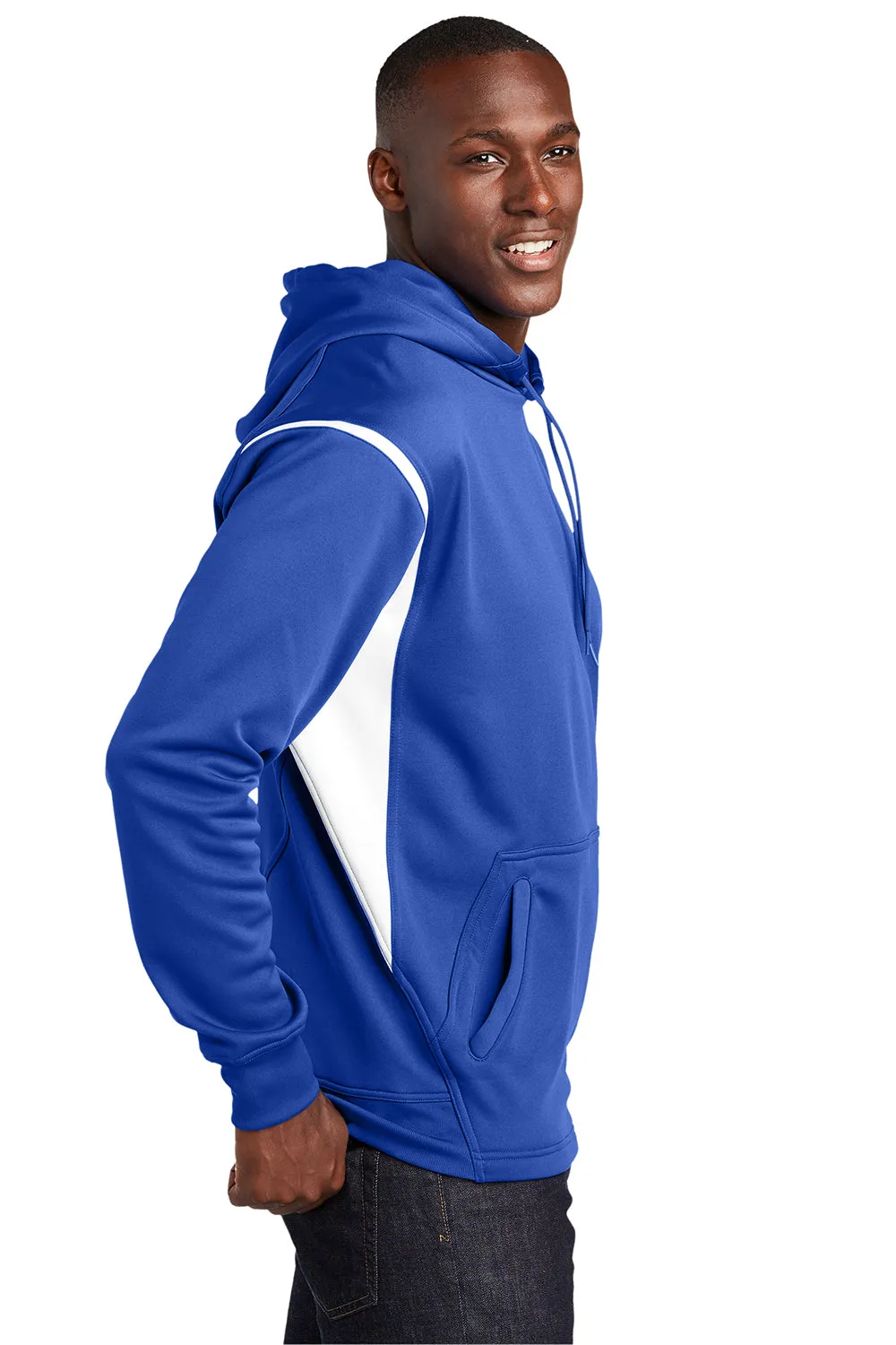 Sport-Tek Mens Tech Moisture Wicking Fleece Hooded Sweatshirt Hoodie w/ Pouch Pocket - True Royal Blue/White