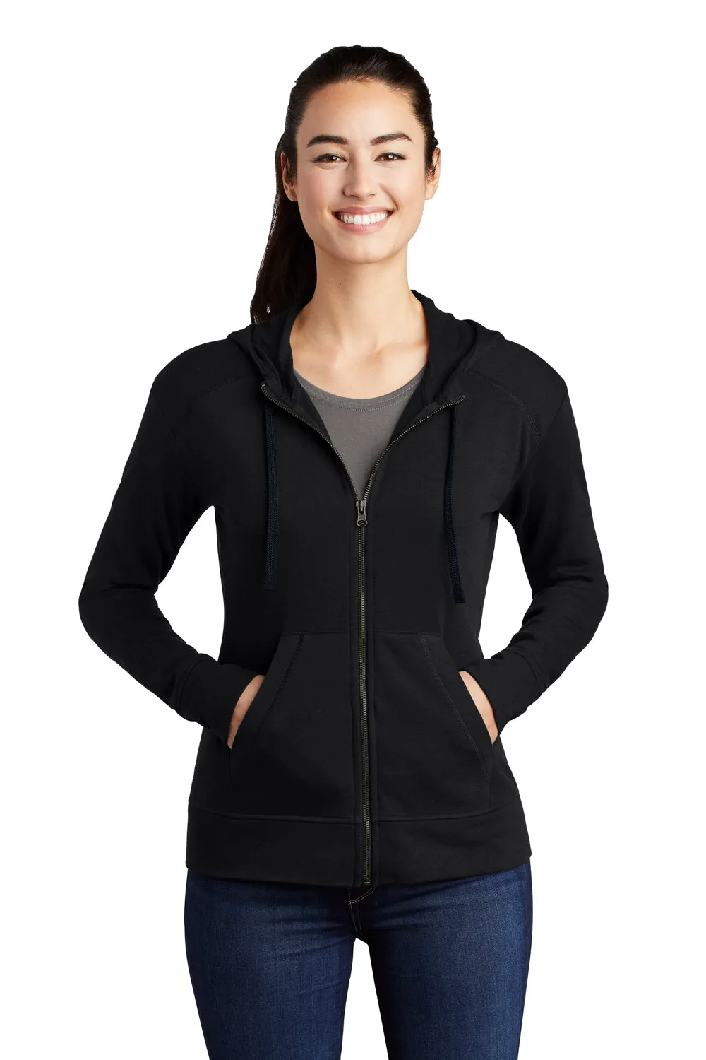 Sport-Tek Womens Moisture Wicking Fleece Full Zip Hooded Sweatshirt Hoodie w/ Pockets - Black