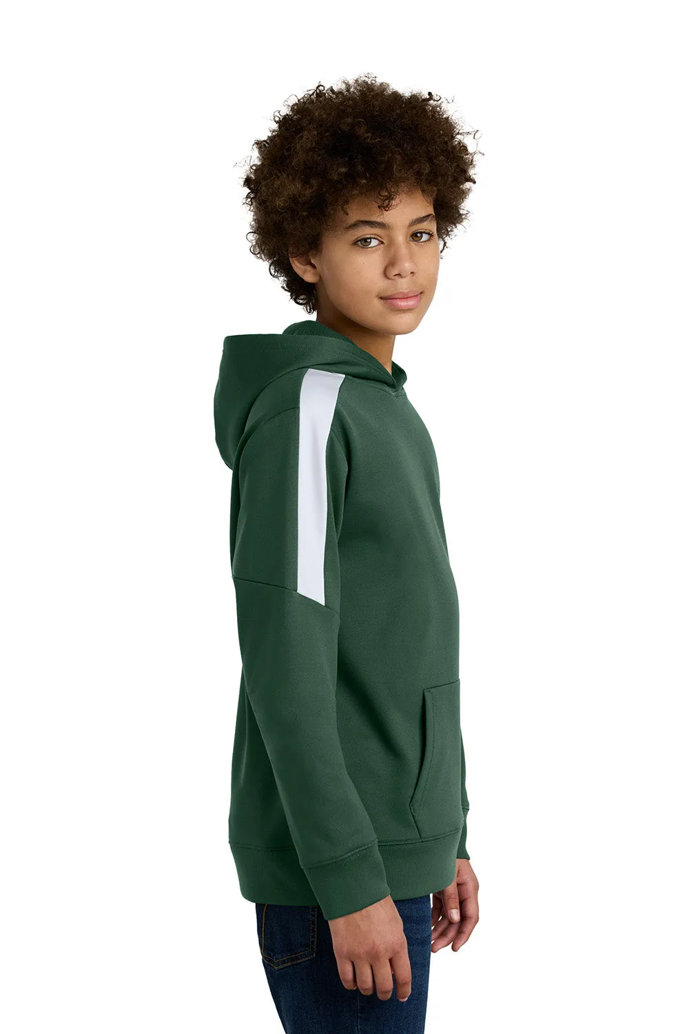 Sport-Tek Youth Sport-Wick Moisture Wicking United Fleece Hooded Sweatshirt Hoodie w/ Pouch Pocket - Forest Green/White
