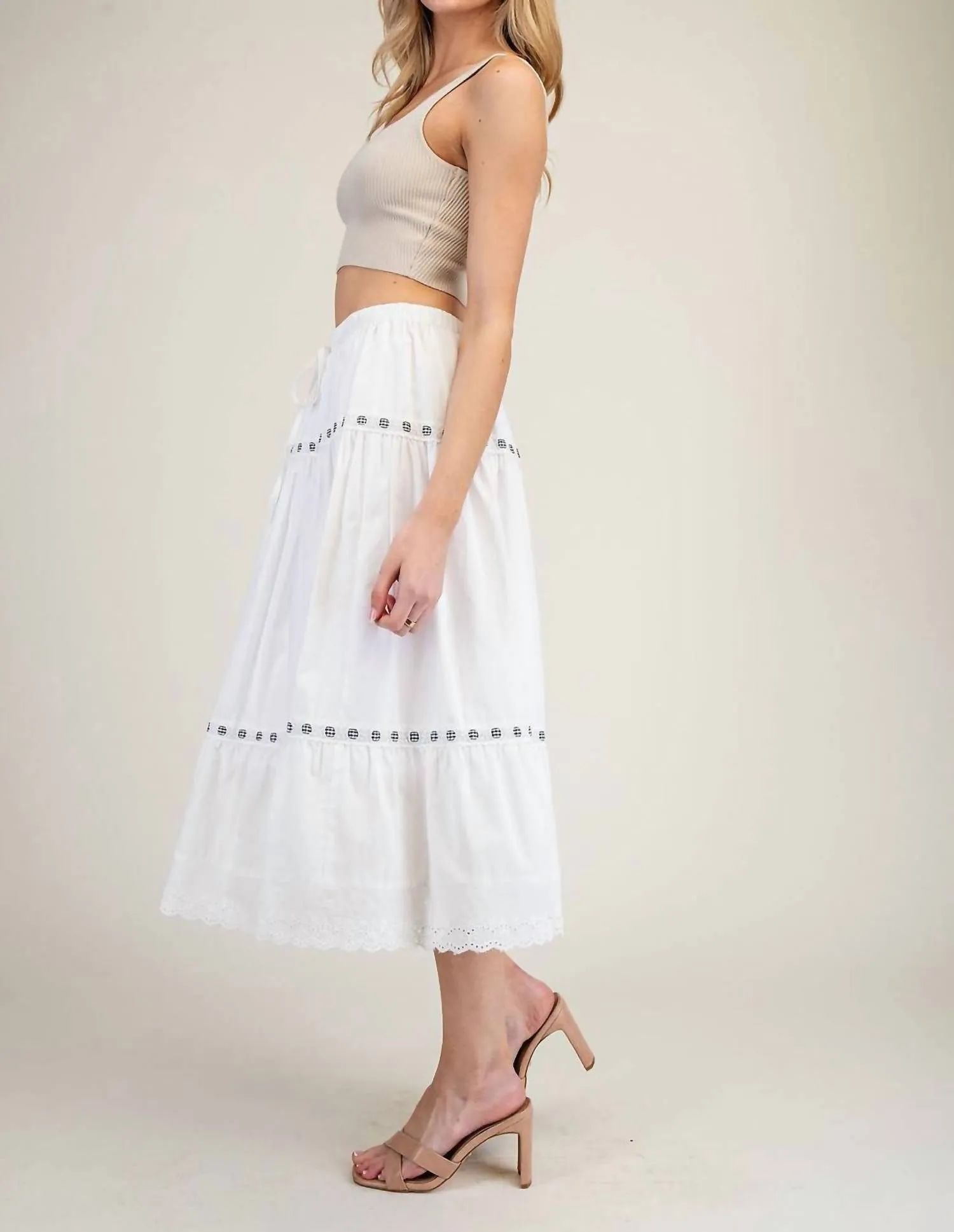Tiered Lace Trim Midi Skirt In White