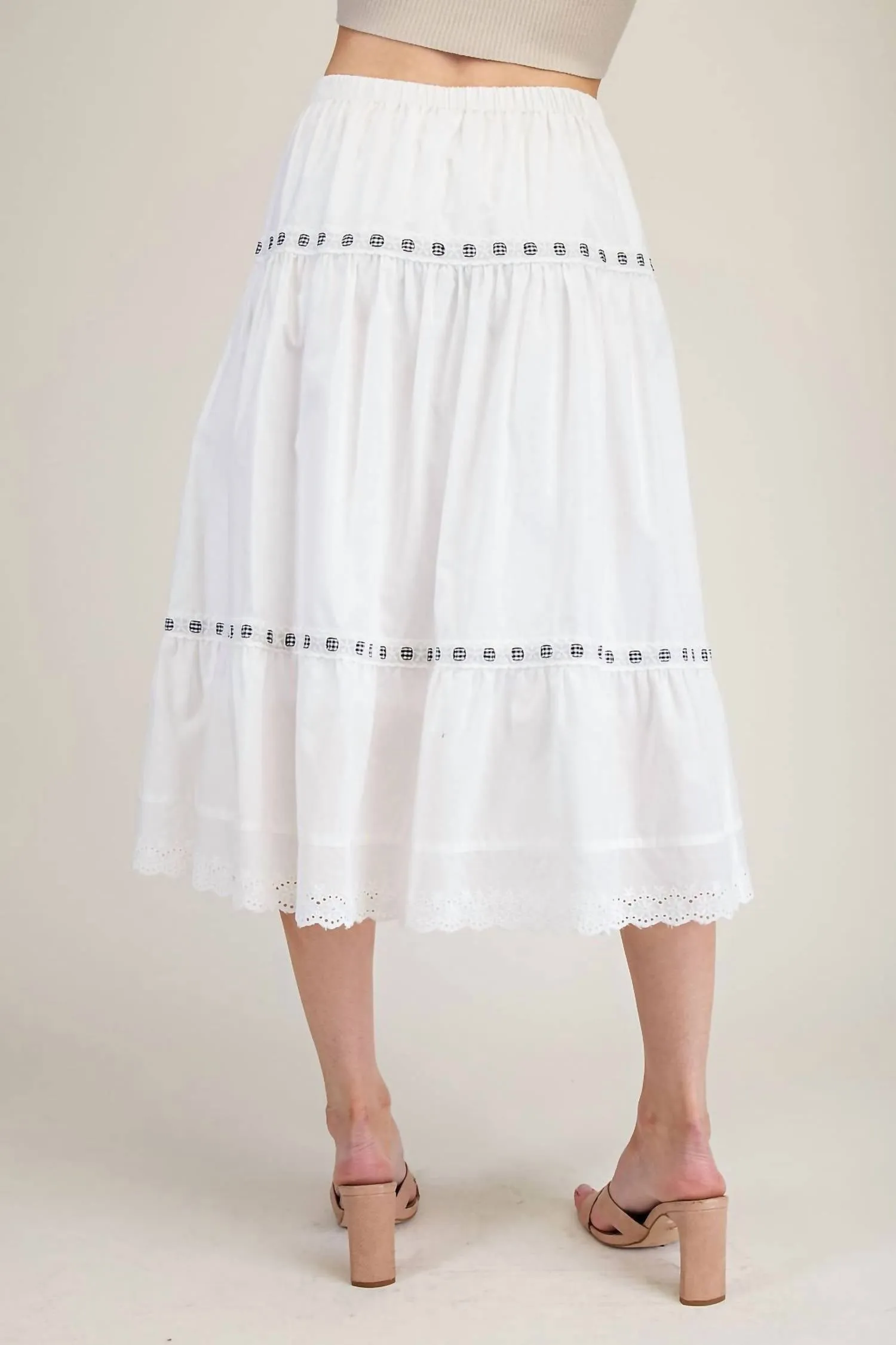 Tiered Lace Trim Midi Skirt In White