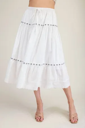 Tiered Lace Trim Midi Skirt In White