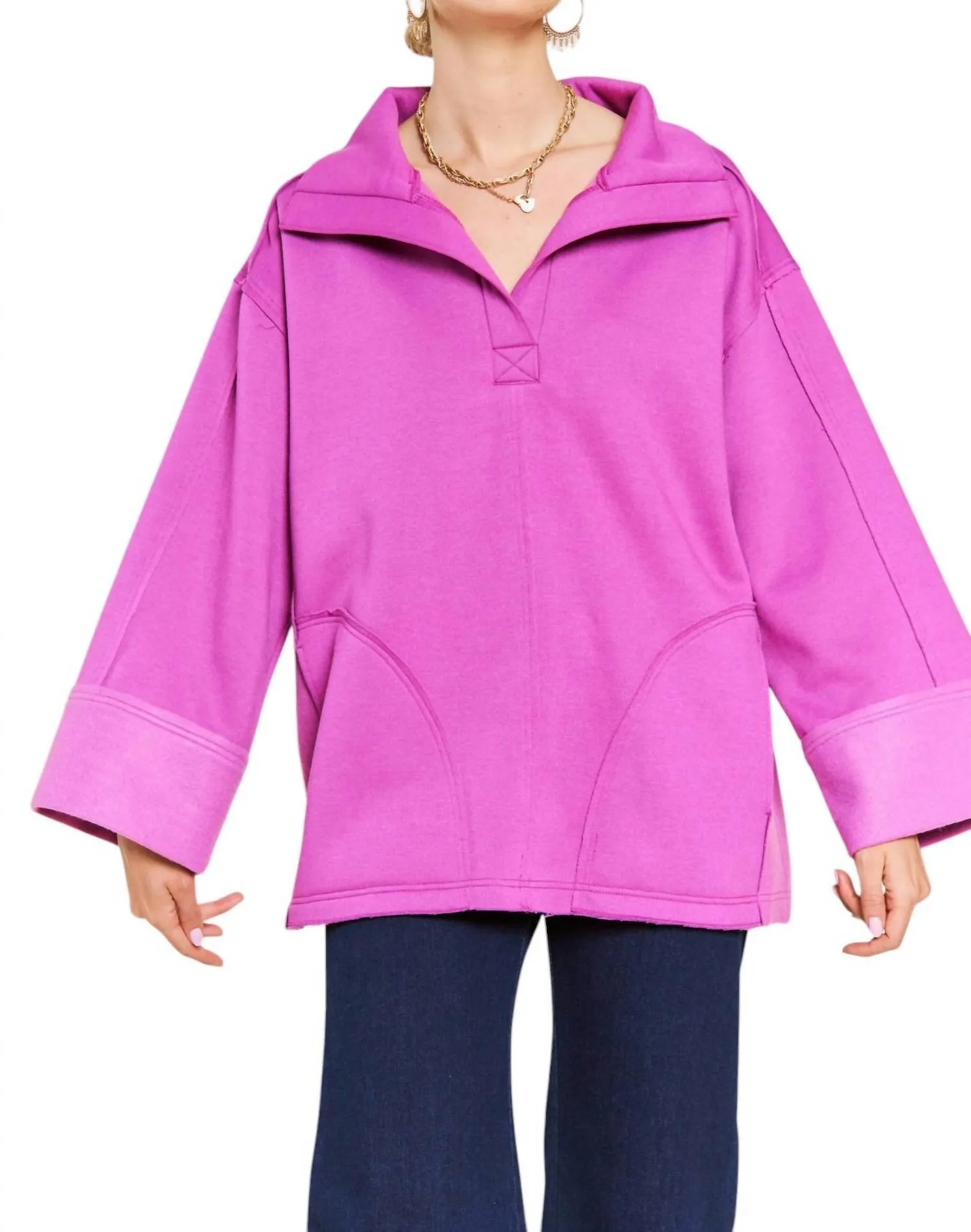 Together At Last Collared Pullover In Magenta