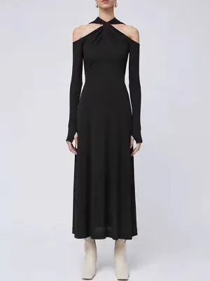 V Neck Long Sleeve Hollow Out Solid Color Dresses