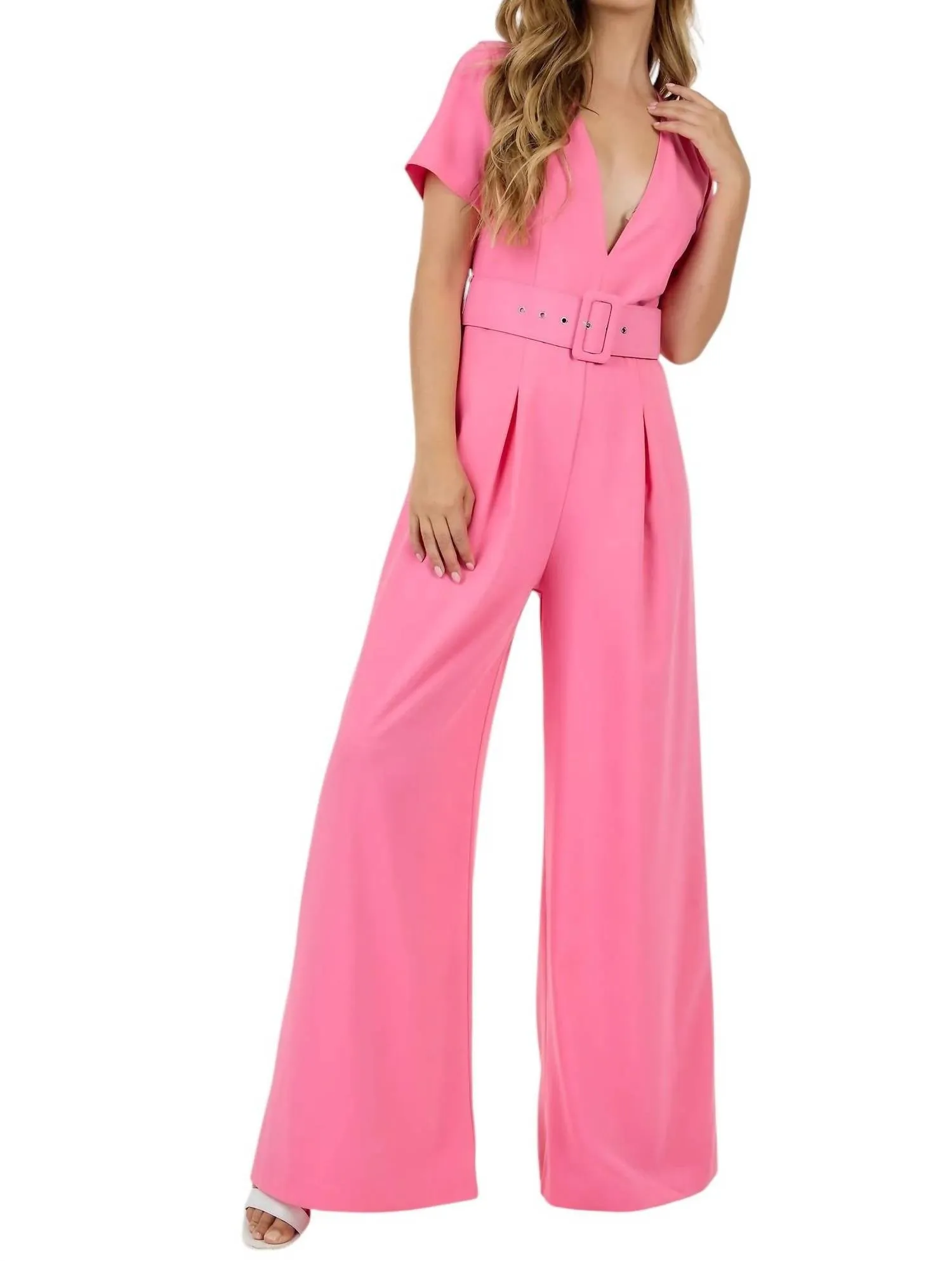 V-Neck Wide Leg Jumpsuit In Powder Pink