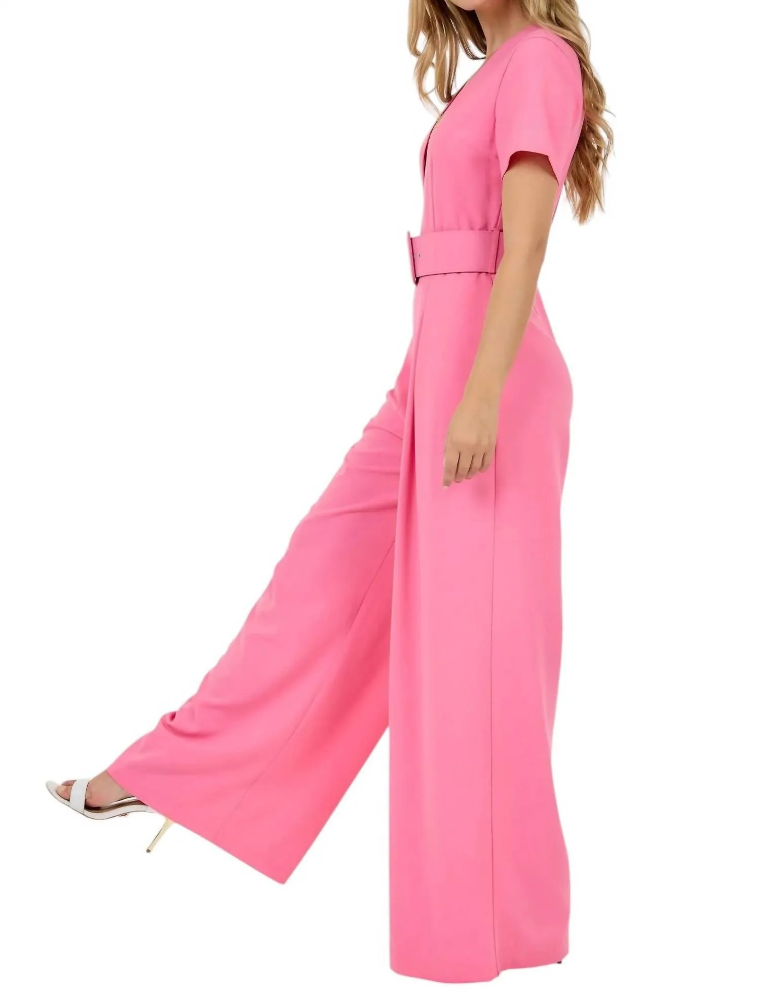 V-Neck Wide Leg Jumpsuit In Powder Pink