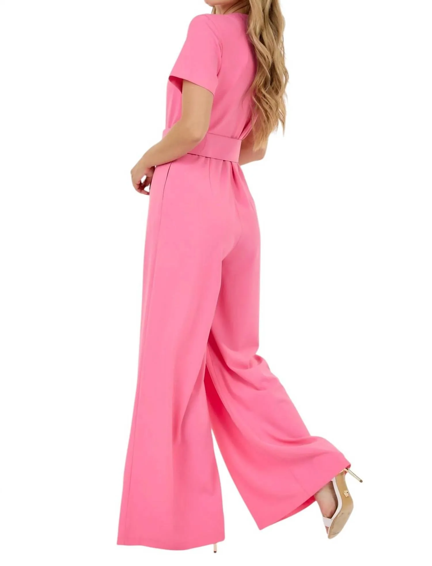 V-Neck Wide Leg Jumpsuit In Powder Pink
