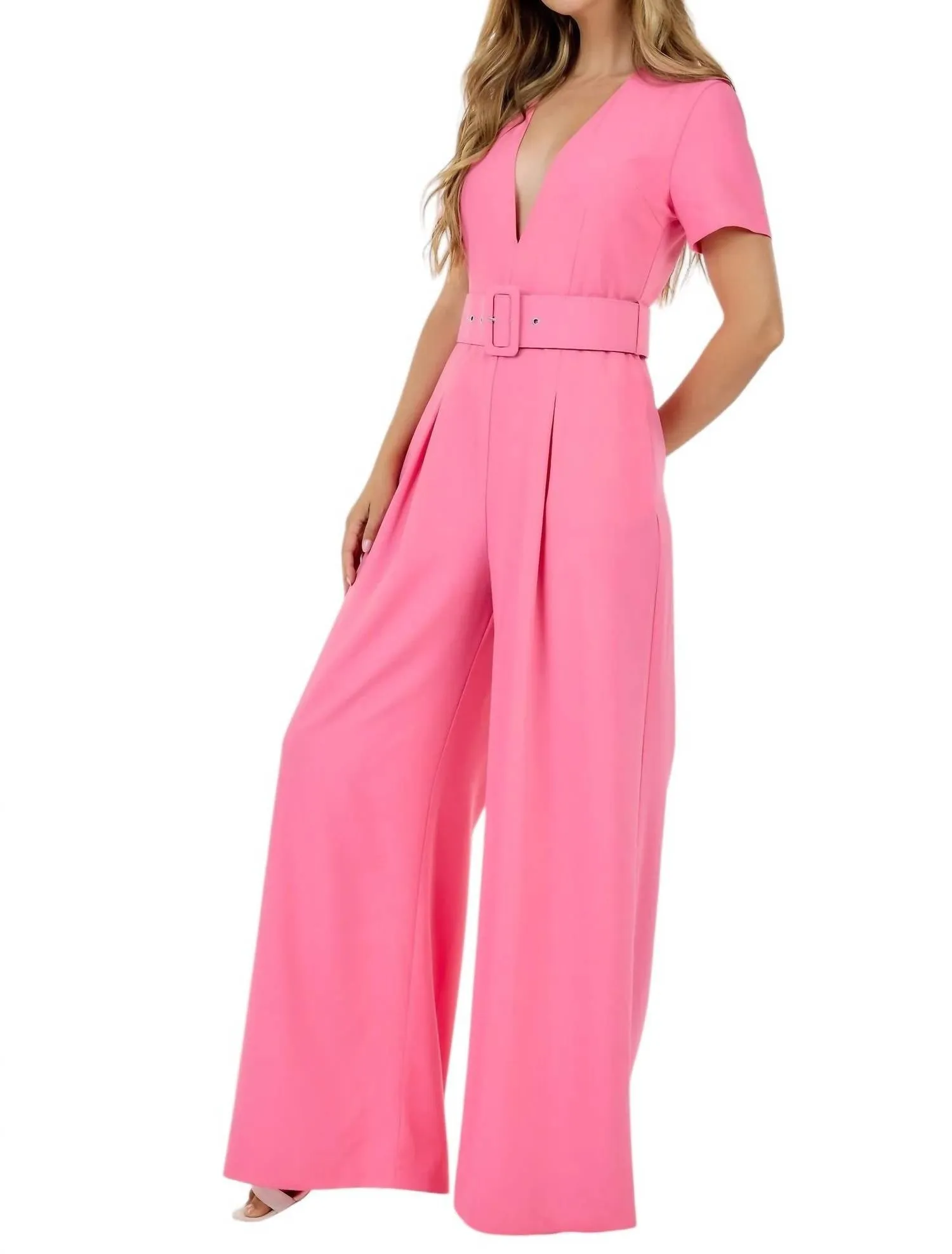 V-Neck Wide Leg Jumpsuit In Powder Pink