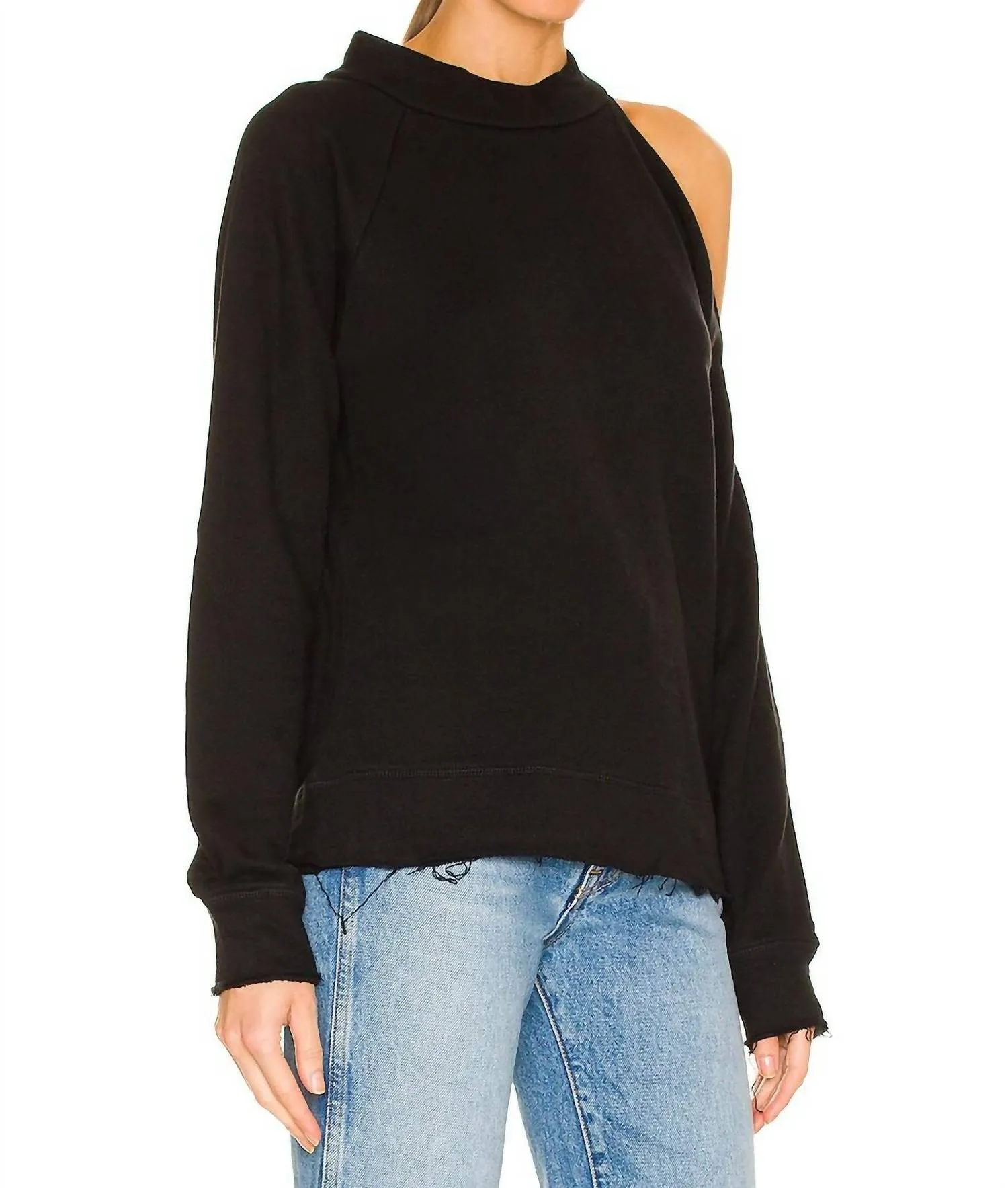 Vented Shoulder Long Sleeve Mock Neck Raglan Pullover In True Black