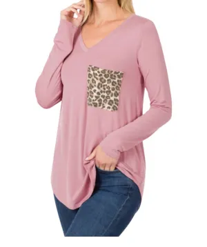 Vneck Leopard Pocket Long Sleeve Top In Light Rose