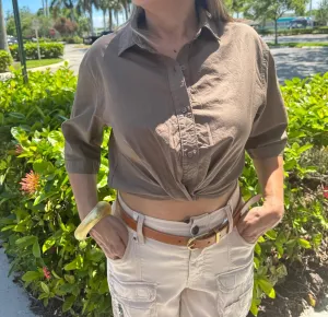 Voile Short Sleeve Cropped Twist Shirt In Twig