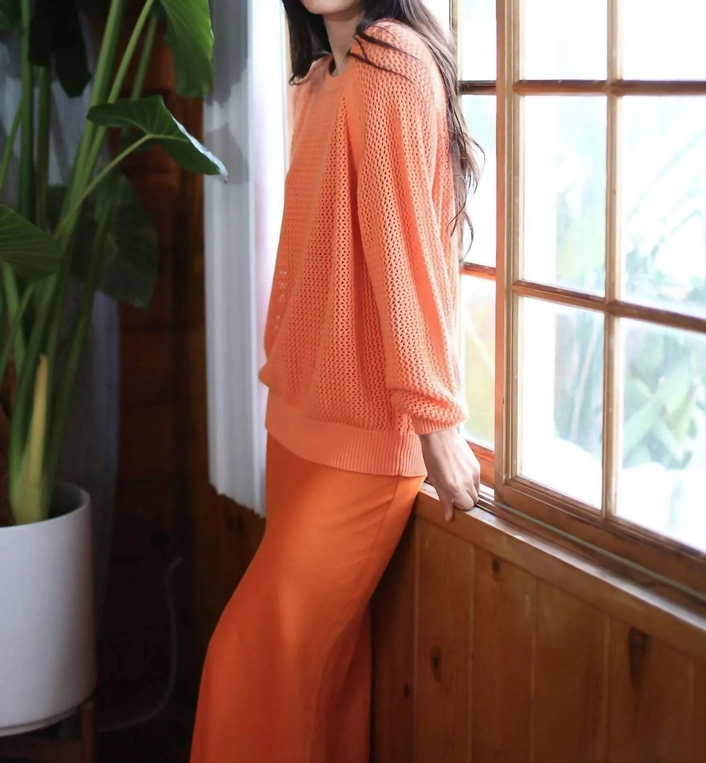 Women's Chloe Open Knit Long Sleeve Sweater In Tangerine Orange